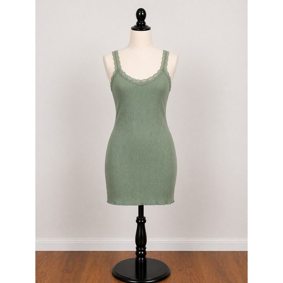 City Chic Dresses & Skirts - Curvy Sense Green Ribbed Dress 2X Cottagecore Soft Girl Lace Trim Bodycon Mini